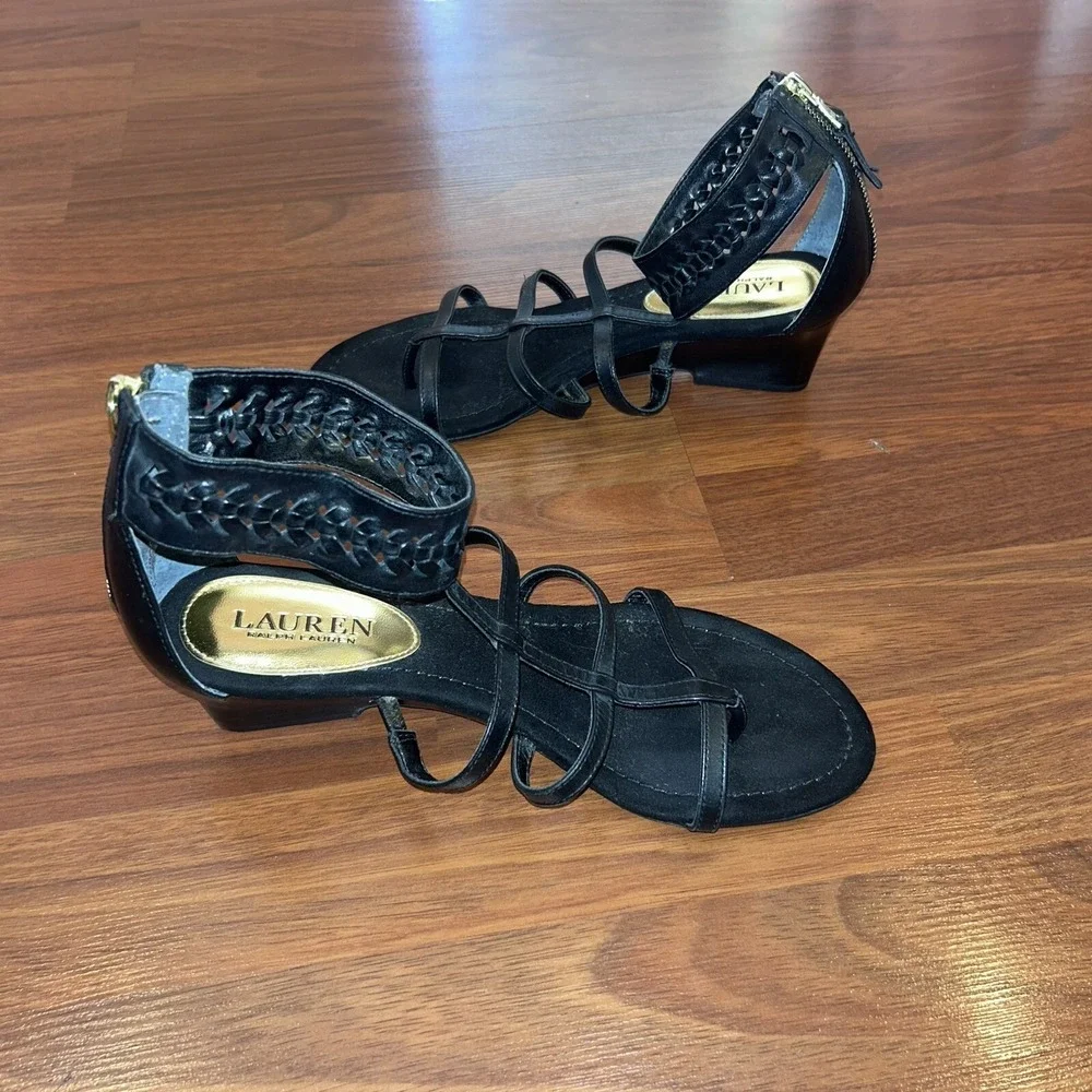 Lauren Ralph Lauren Meira Black Leather Strappy Wedge Sandals Braided Ankle 8.5B